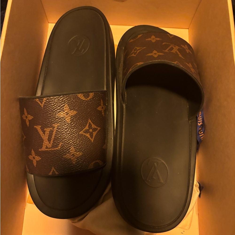 Louis Vuitton Black and Brown Monogram Slides